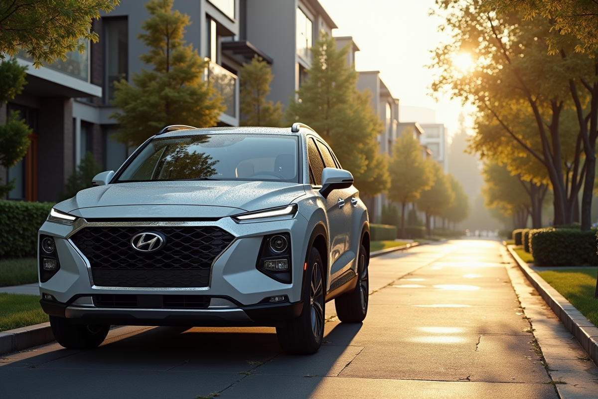 SUV hybride stationne dans un quartier résidentiel au matin avec verdure