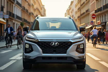 SUV hybride moderne en ville en journée avec piétons et architecture