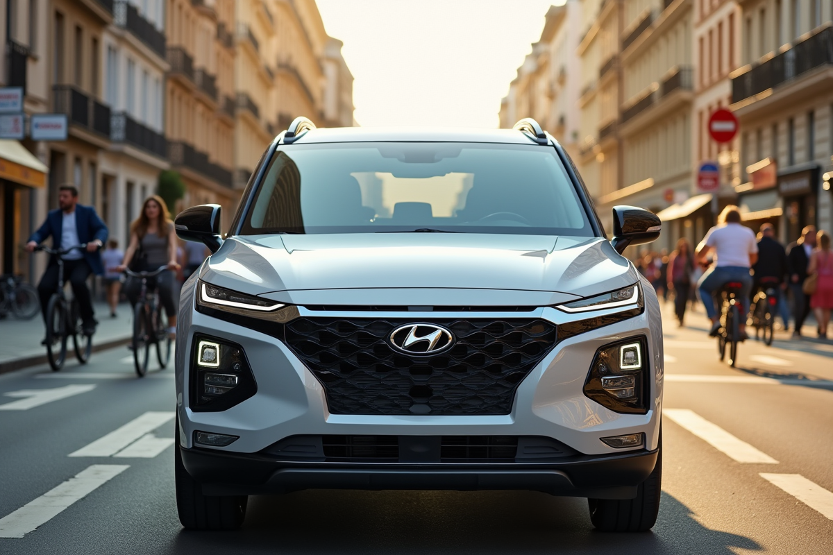 SUV hybride moderne en ville en journée avec piétons et architecture