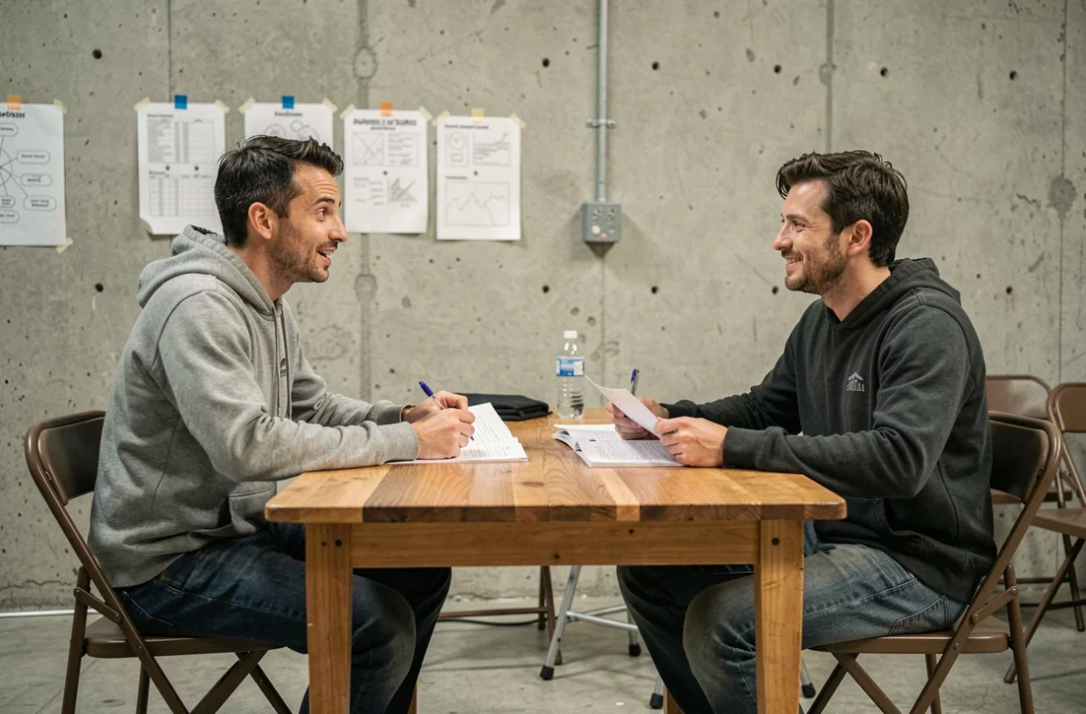 Deux acteurs répétant leurs rôles de super-héros avec des scripts dans une salle de répétition de studio de cinéma