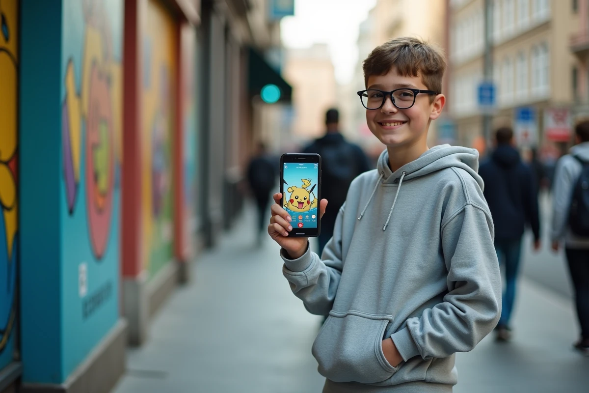 Adolescent montrant une fan art Pokémon sur son smartphone dans la ville
