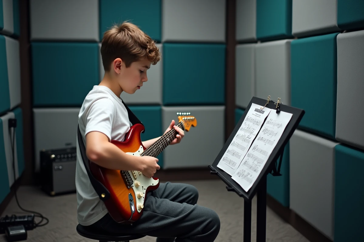 Adolescent guitariste en salle de répétition travaillant des exercices de guitare imprimés sur un pupitre de musique avec une guitare électrique