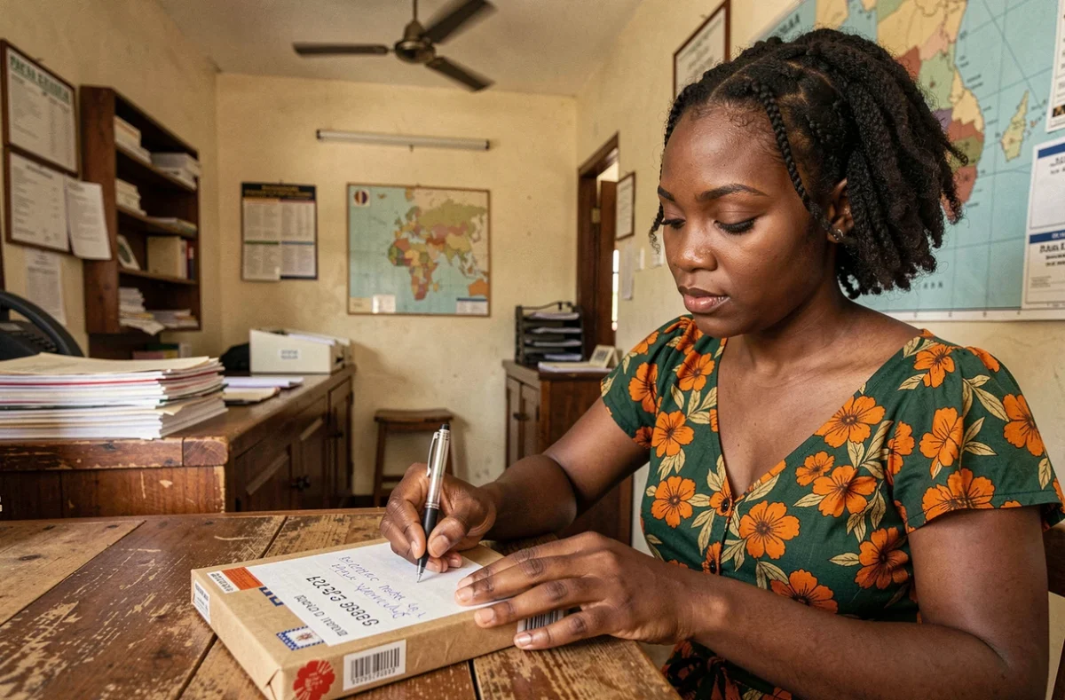 Femme mauricienne écrivant un code postal sur un colis dans une agence postale de village à Grand Baie, île Maurice