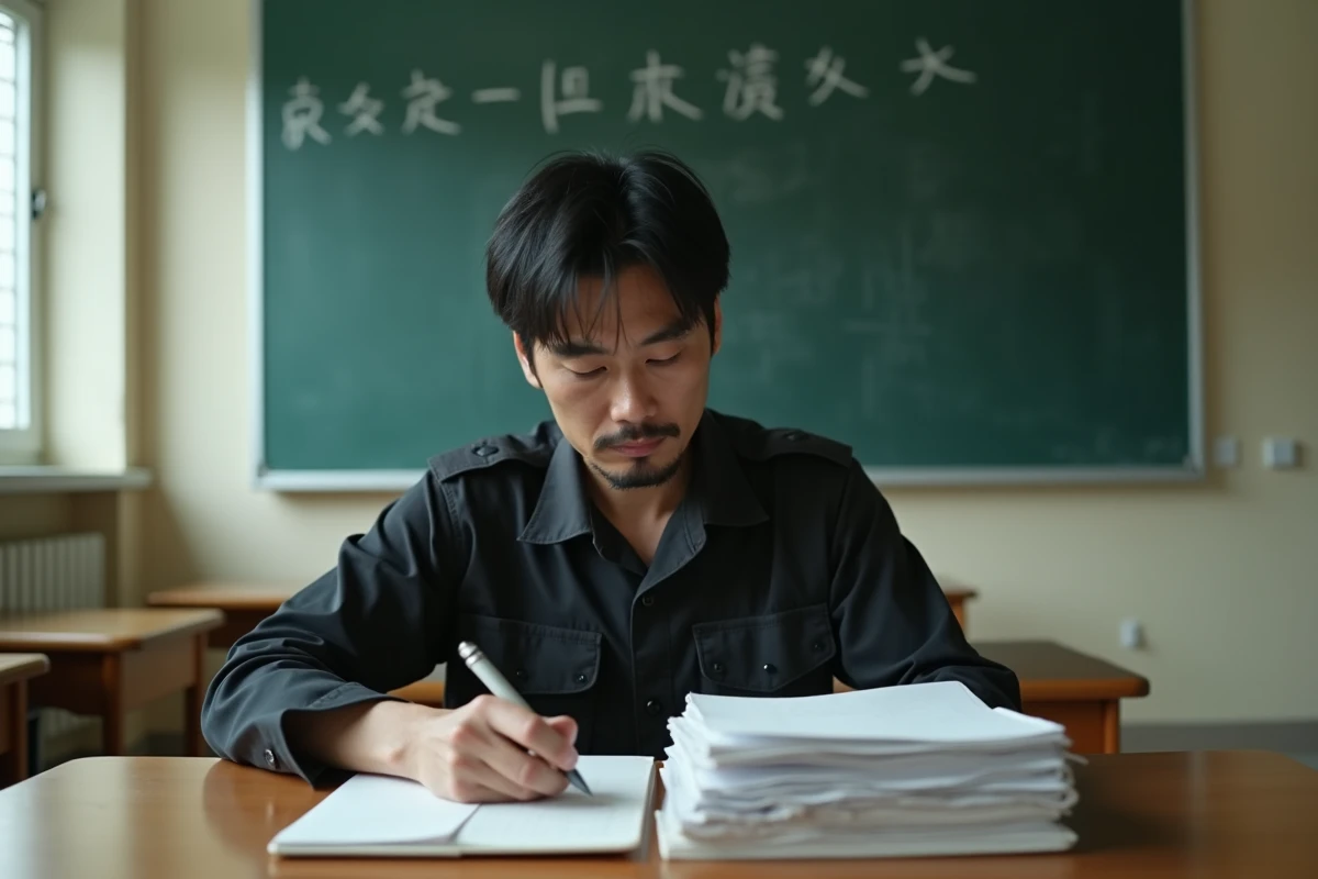 Personnage inspiré d'Aizawa assis dans une salle de classe avec des papiers, représentant son rôle d'enseignant dans My Hero Academia