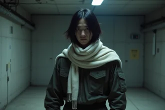 Personnage inspiré d'Aizawa en combinaison tactique noire avec écharpe blanche dans une salle d'entraînement souterraine, style manga MHA réaliste
