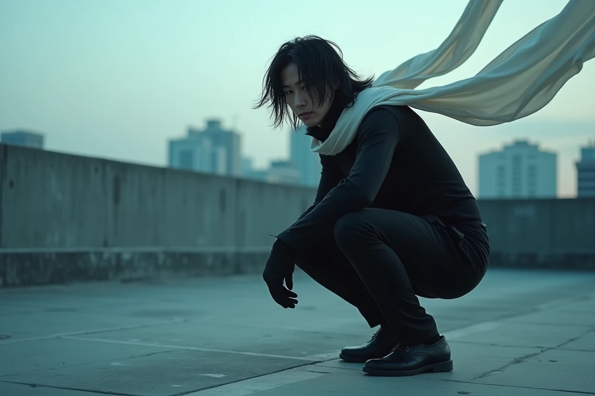 Personnage type Aizawa en posture défensive sur un toit urbain au crépuscule, écharpe blanche au vent, univers My Hero Academia