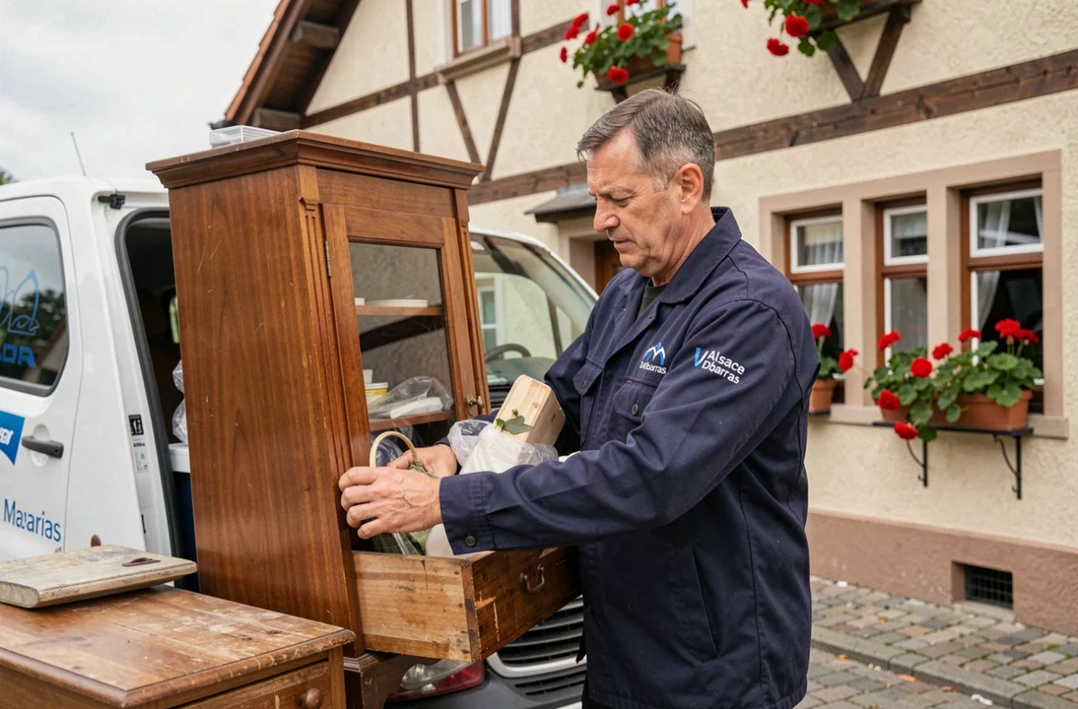 Travailleur d'Alsace Débarras chargeant des meubles dans un camion devant une maison alsacienne
