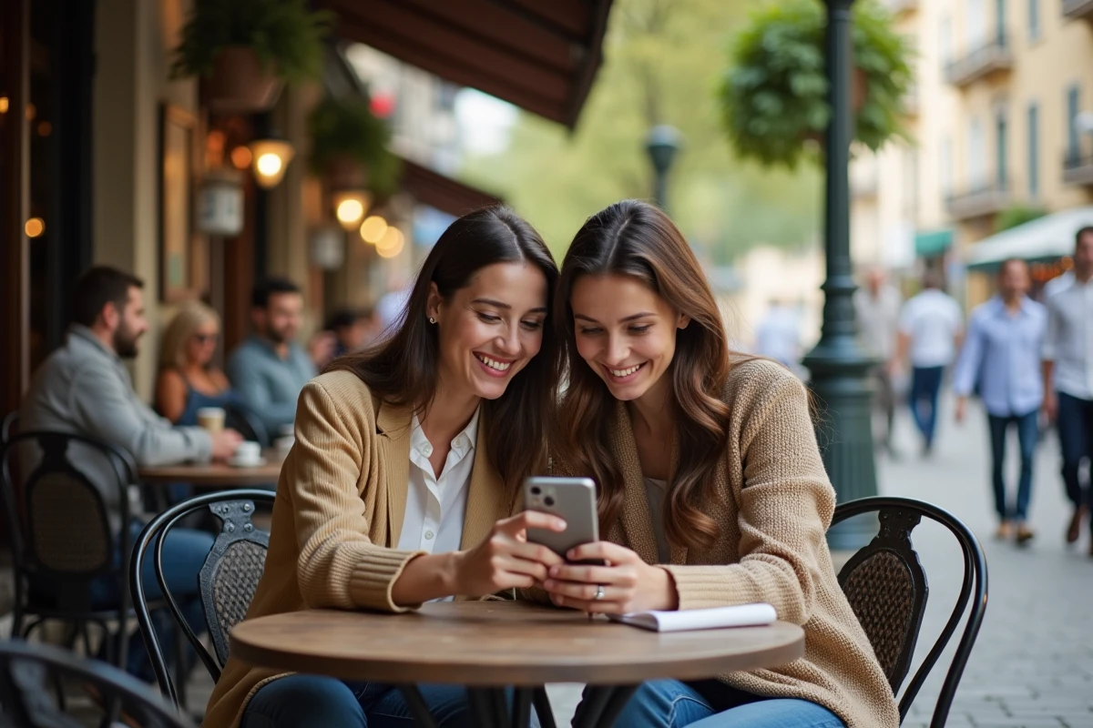 Deux amis souriants au café en ville