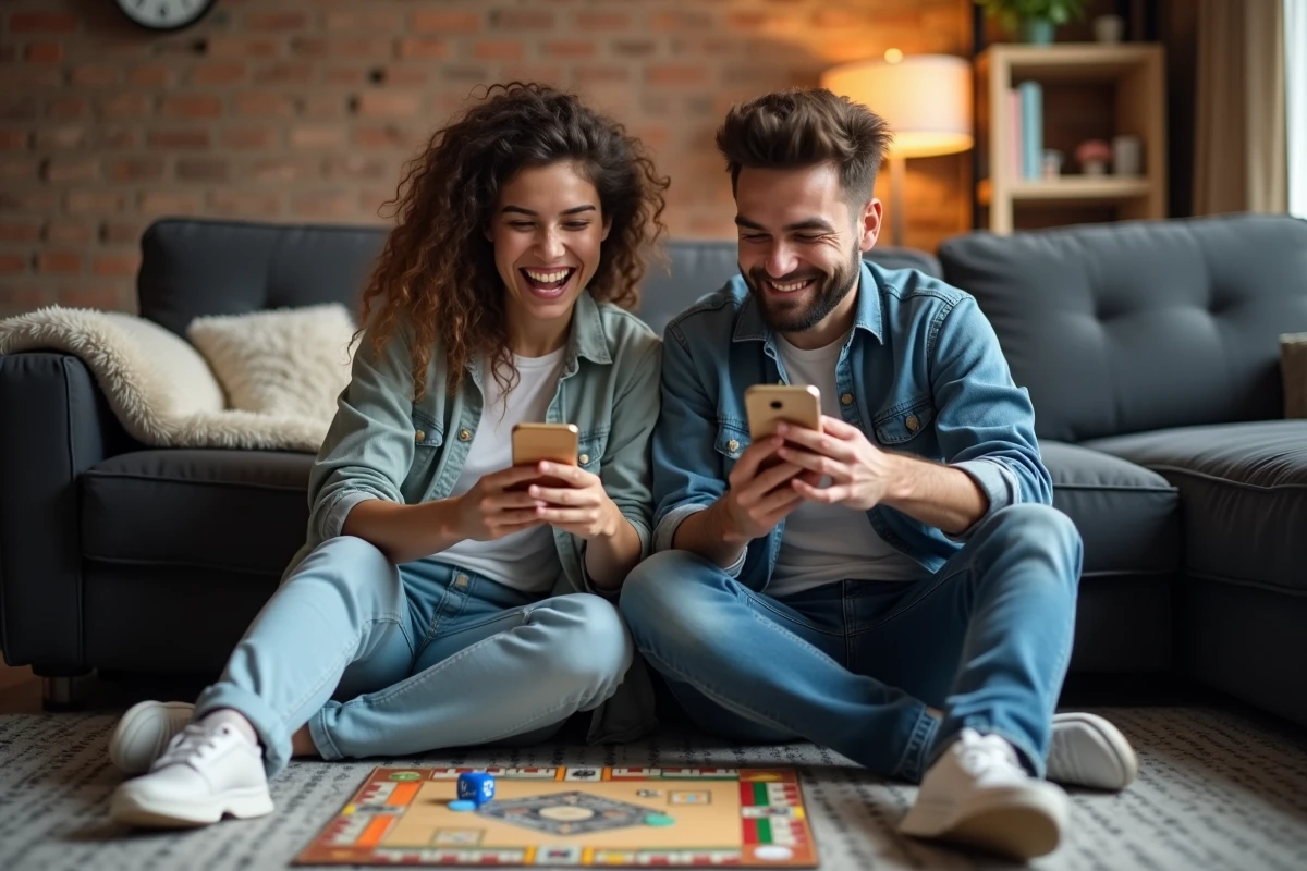 Deux amis comparant leurs dés gratuits Monopoly GO sur leurs smartphones avec un plateau de jeu