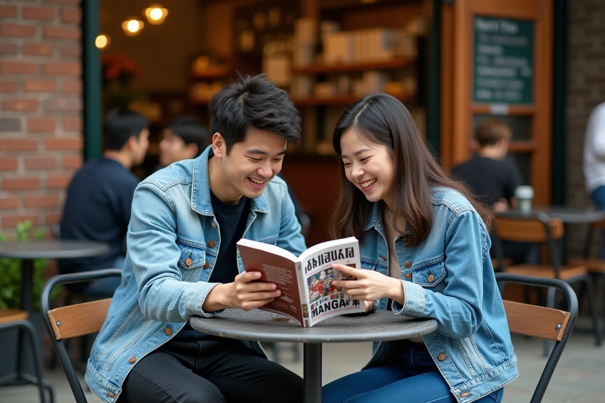 Deux amis partageant la lecture d'un manga dans un café urbain de manière conviviale et légale