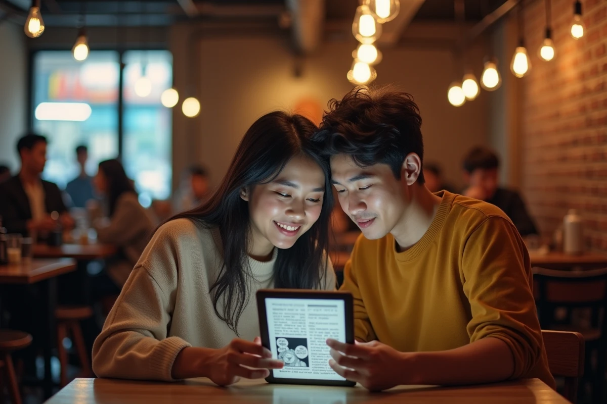 Deux amis regardant ensemble des chapitres manga sur une tablette dans un café moderne et urbain