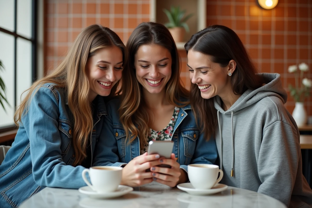 Groupe d'amis riant autour d'un smartphone en lisant un message d'anniversaire humoristique dans un café