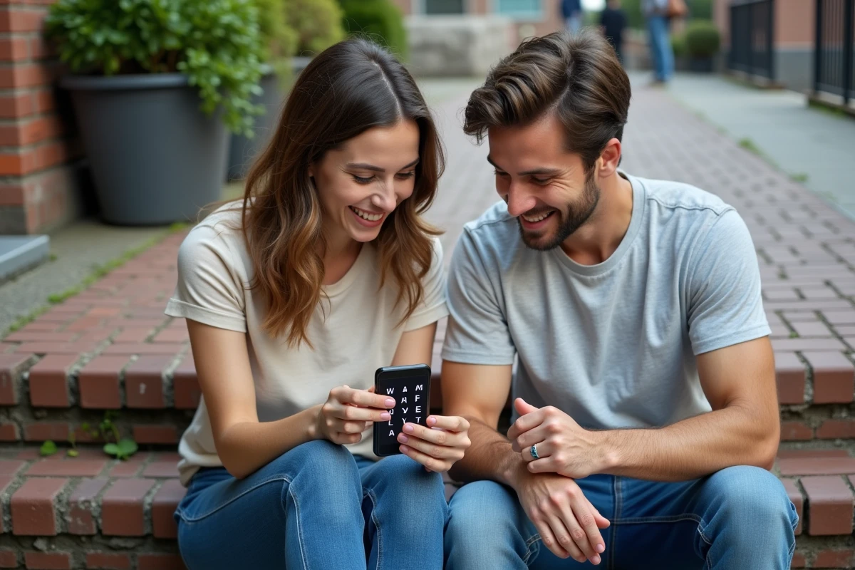 Deux amis cherchant la solution de 4 Images 1 Mot 7 lettres ensemble sur smartphone en extérieur