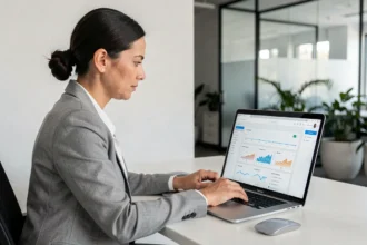 Une professionnelle analysant l'interface du site Epsilon Scan sur un ordinateur portable dans un bureau moderne en 2026