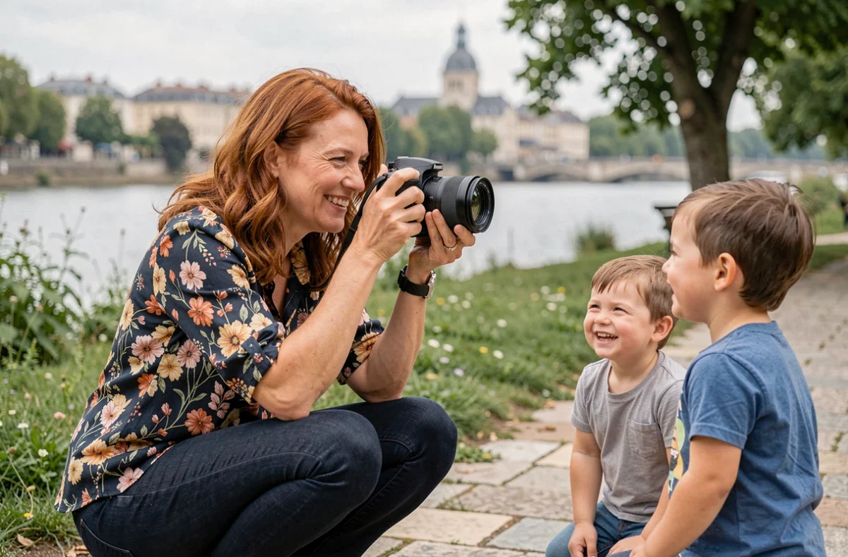 Photographe Anne Bied en plein air au bord de la Garonne à Toulouse photographiant une famille avec son appareil reflex