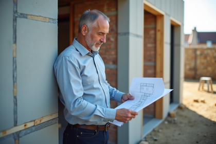 Architecte examinant des plans devant un mur isolé en extérieur