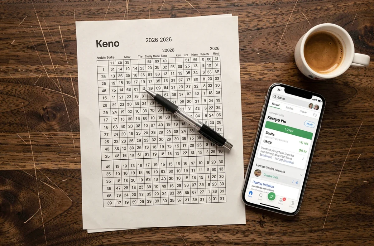 Archive des tirages Keno 2026 sur papier imprimé avec smartphone et stylo sur bureau en bois