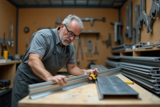 Artisan mesurant un barreau aluminium sur un établi d'atelier avec un mètre ruban en acier, préparation des cotes avant découpe