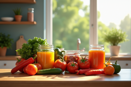 Assortiment de légumes en conserve sur une table moderne