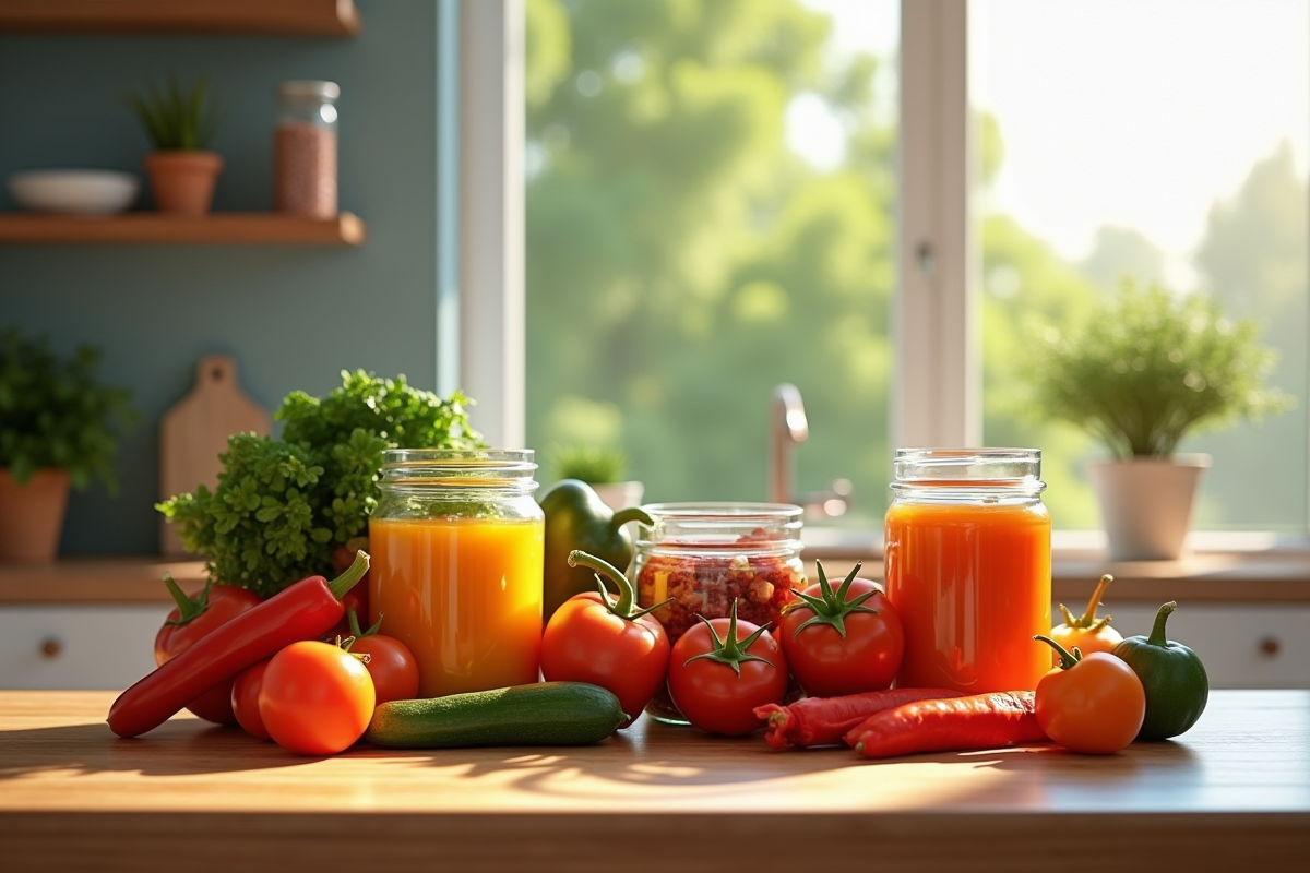 Assortiment de légumes en conserve sur une table moderne