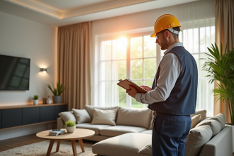 Auditeur energie inspectant un salon renové avec fenetres efficaces