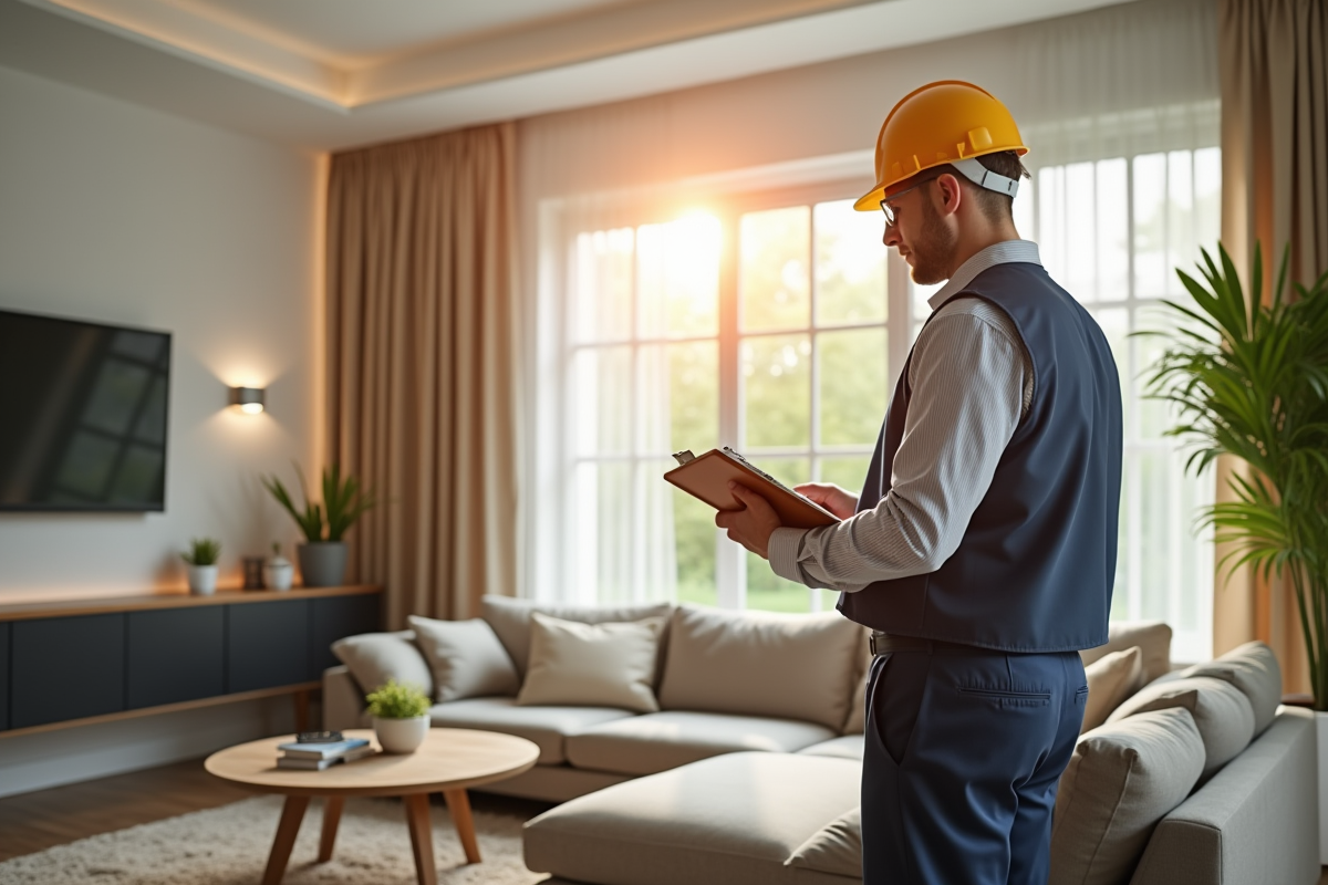 Auditeur energie inspectant un salon renové avec fenetres efficaces