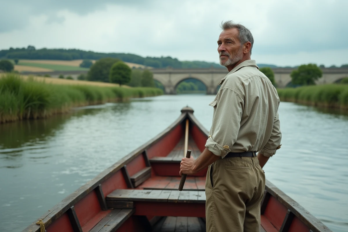 Bargeur français au fil de la Loire sur une barge en bois