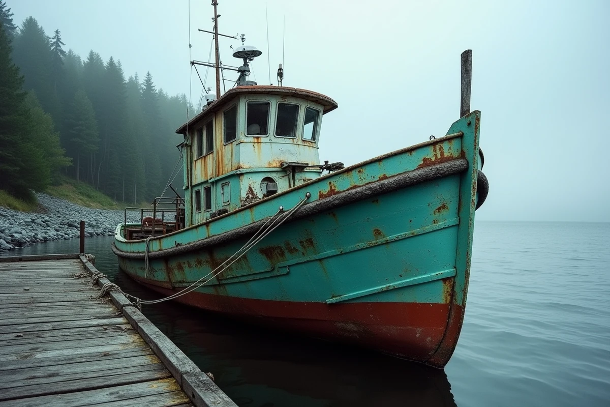 Bateau de pêche endommagé amarré dans un port d'Alaska après le passage d'un tsunami, coque abîmée et structures portuaires dévastées