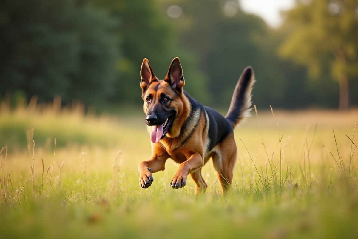 Chien berger allemand courant dans un champ vert en action