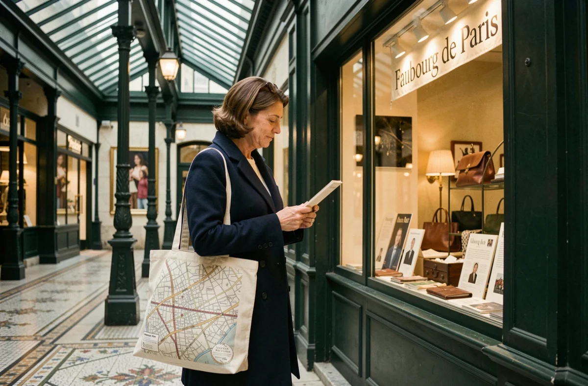 Femme devant une boutique Faubourg de Paris dans un passage couvert parisien au sol en mosaïque et colonnes en fonte