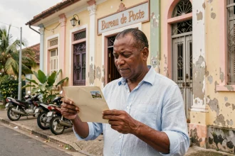 Homme mauricien devant un bureau de poste colonial à Port Louis tenant une enveloppe avec un code postal de l'île Maurice