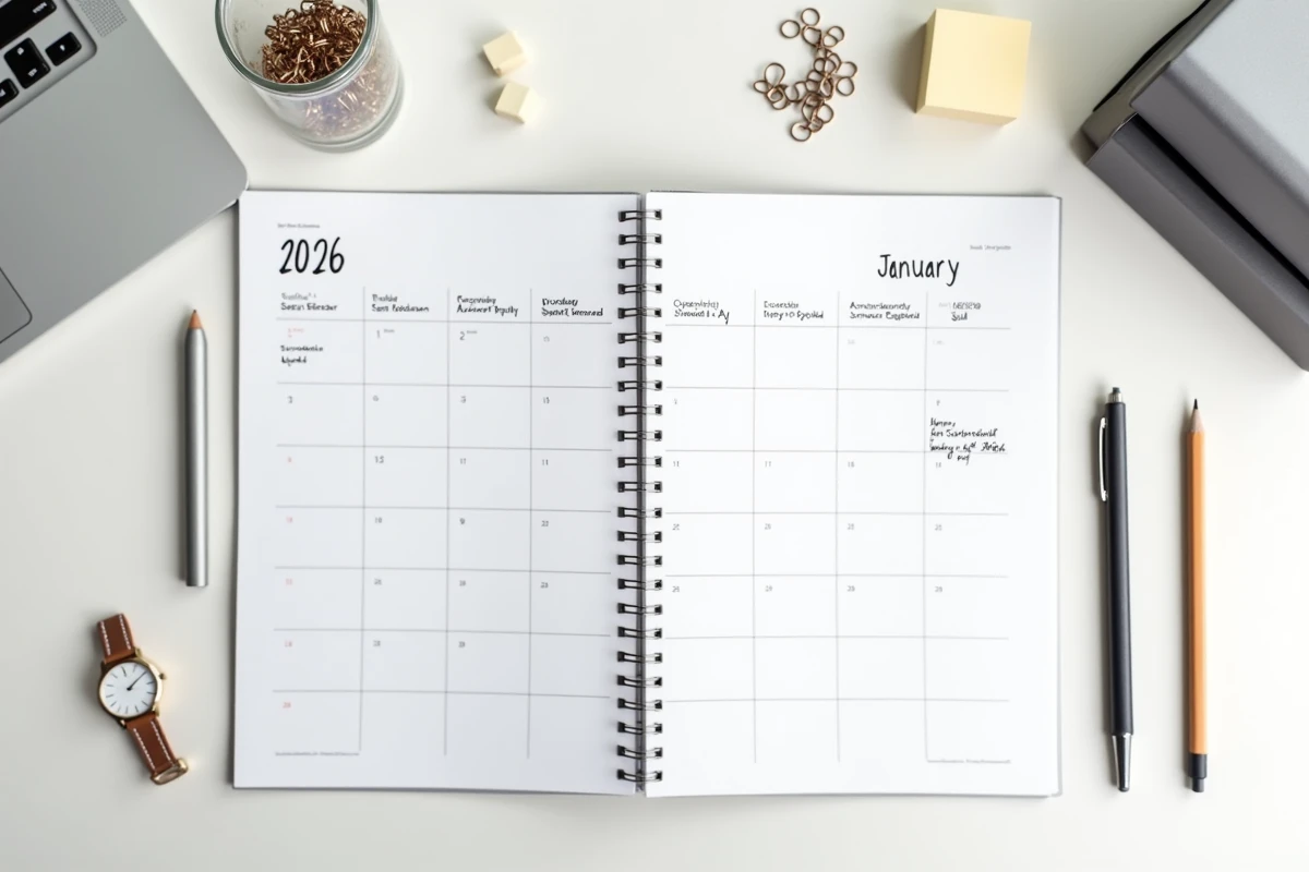 Vue à plat d'un calendrier de bureau mensuel 2026 entouré d'accessoires de bureau sur fond blanc épuré