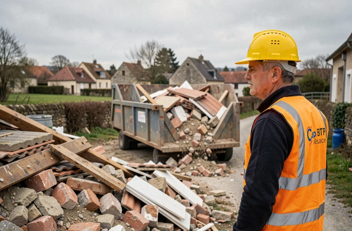 Responsable de Cap BTP Alsace Débarras supervisant l'évacuation de gravats sur un chantier dans le Bas-Rhin