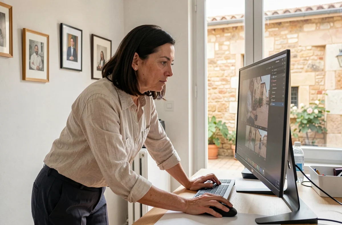 Photographe professionnelle féminine Cécile Humenny examinant des portraits sur un écran dans son studio à Toulouse