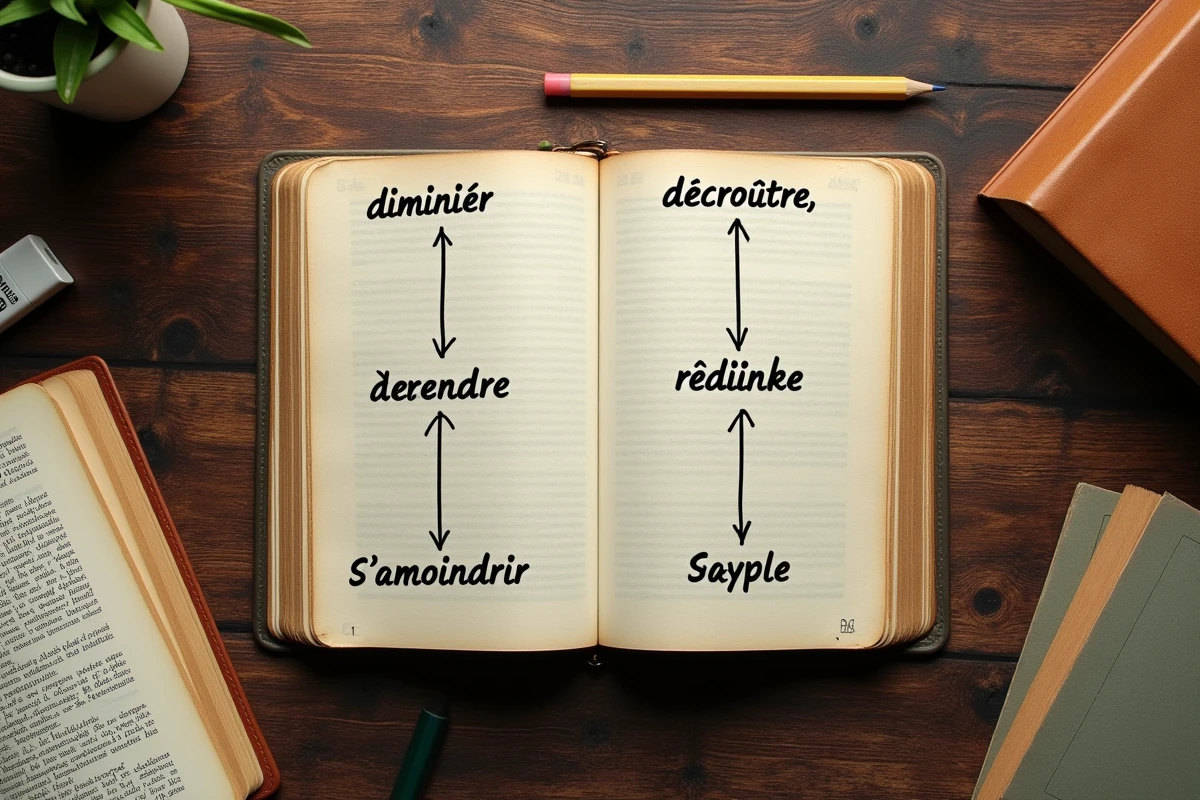 Vue aérienne d'un carnet manuscrit avec le champ lexical et les synonymes de s'amenuiser entourés de matériel d'écriture