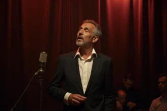 Chanteur français des années 80 interprétant un slow romantique dans un cabaret vintage aux rideaux de velours bordeaux