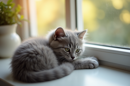 Chaton angora gris dans une fenêtre en lumière naturelle
