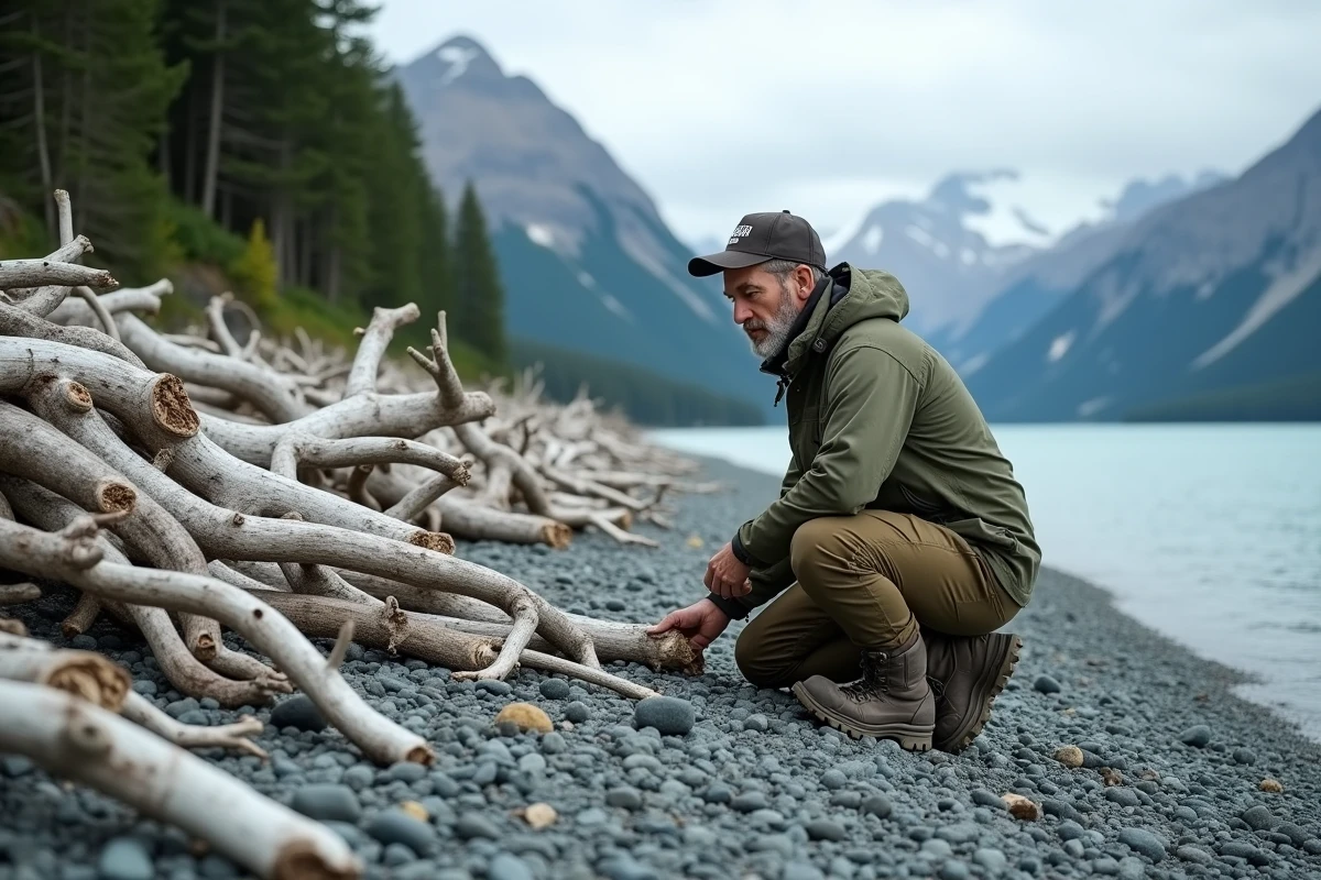 Chercheur examinant des arbres déracinés et blanchis sur une plage d'Alaska, traces visibles d'une vague de tsunami géant en 1958