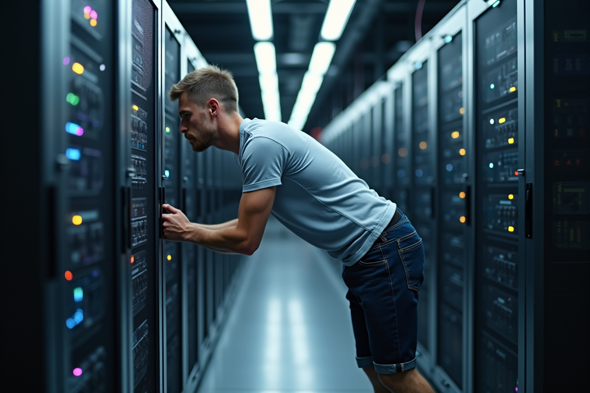 Chercheur informatique devant un superordinateur moderne