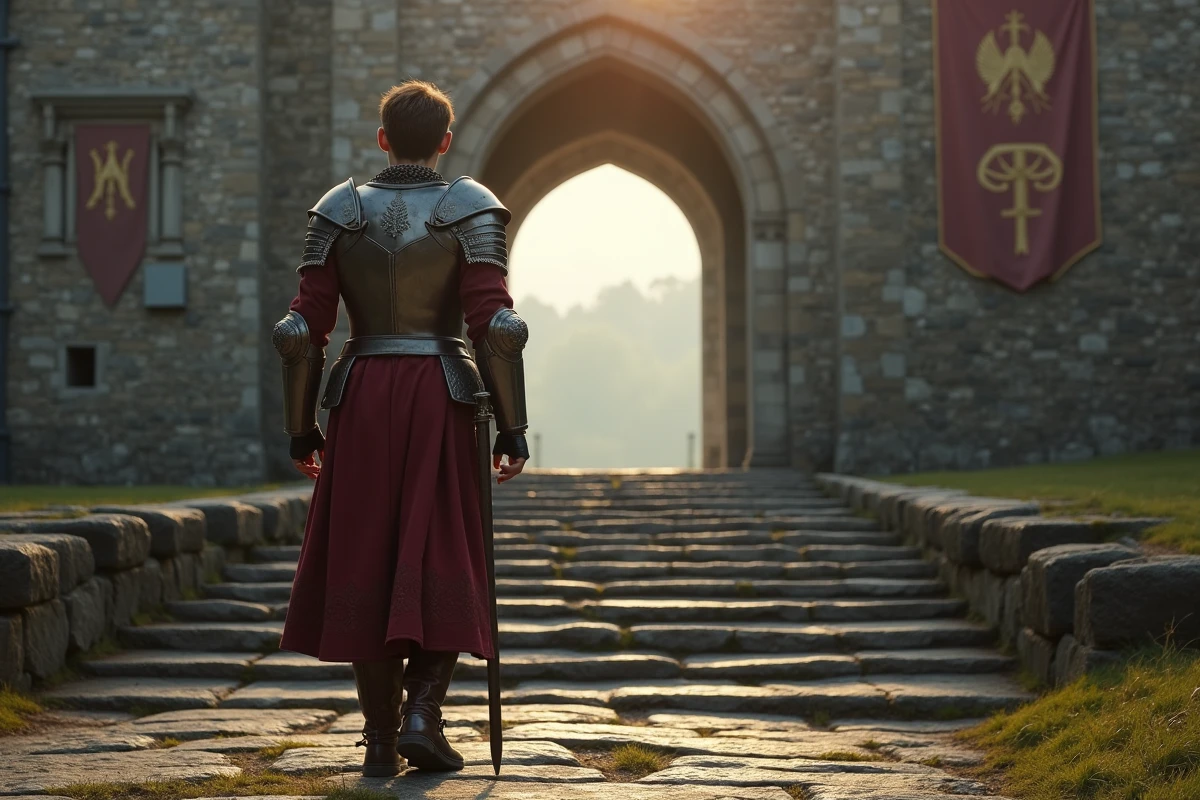 Jeune chevalier montant vers un château au matin