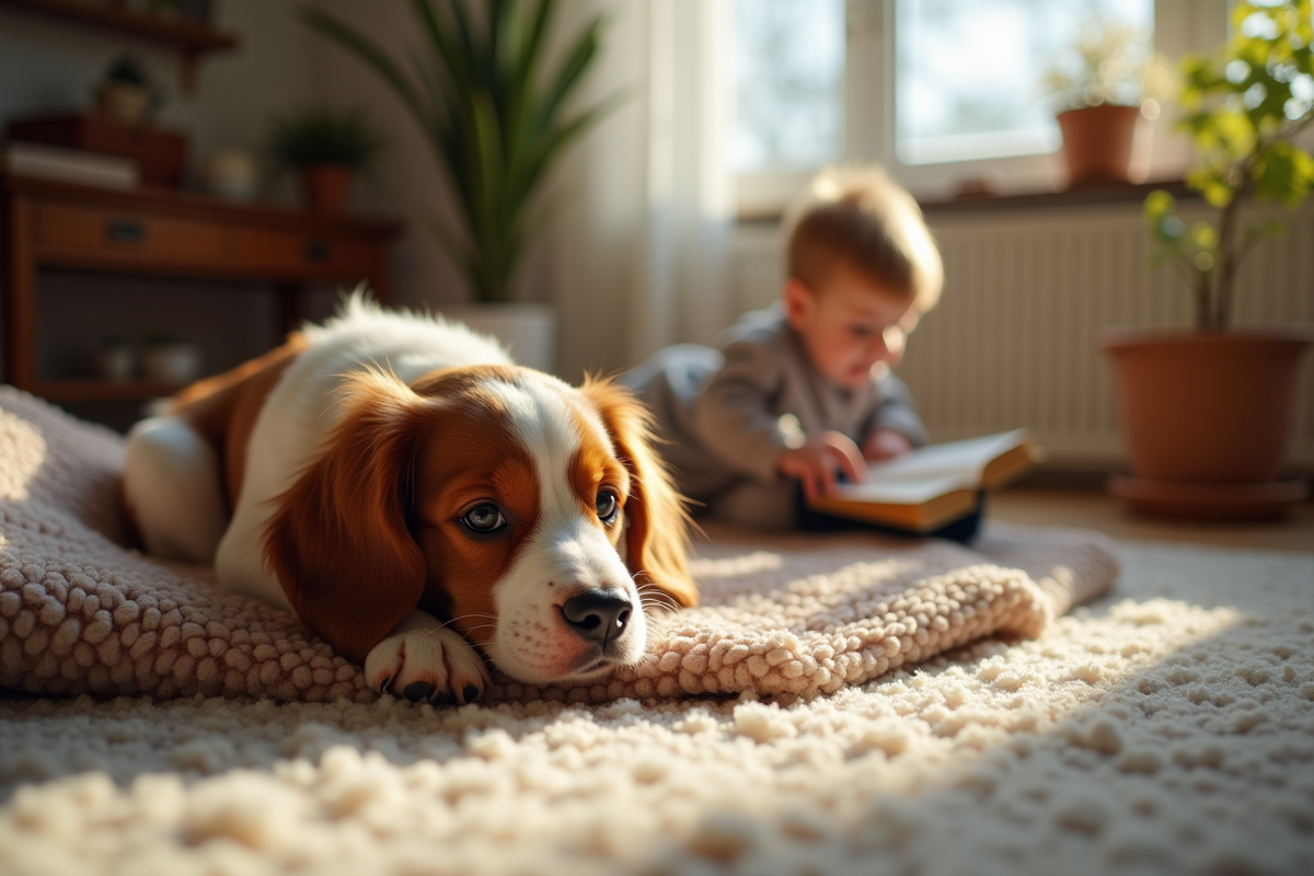 Chiot Brittany Spaniel reposant sur un tapis avec un enfant lisant