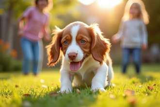 Chiot Brittany Spaniel jouant dans un jardin ensoleille avec enfants