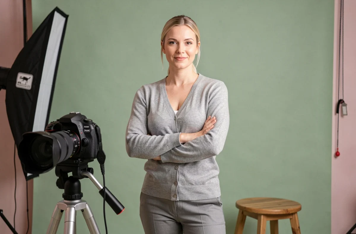 Photographe Christelle Lacour debout dans son studio portrait pastel à Toulouse avec fond vert sauge et réflecteur