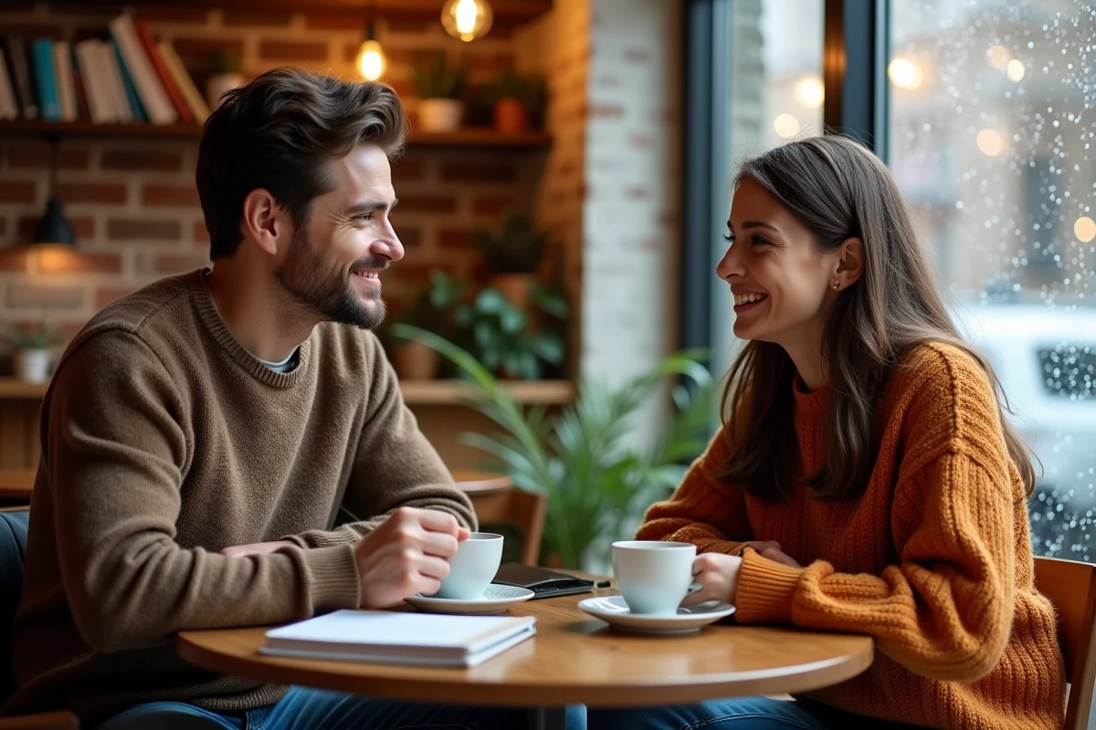 Deux jeunes adultes partageant une conversation sincère et apaisante dans un café chaleureux, illustrant la paix dans les relations humaines
