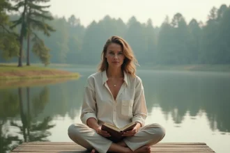 Femme assise sur un ponton en bois au bord d'un lac calme, tenant un journal, illustrant la paix intérieure et la réflexion