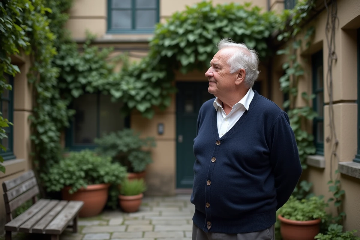 Homme âgé contemplant un jardin urbain paisible entouré de lierre et de pierre, symbole de sérénité et de sagesse