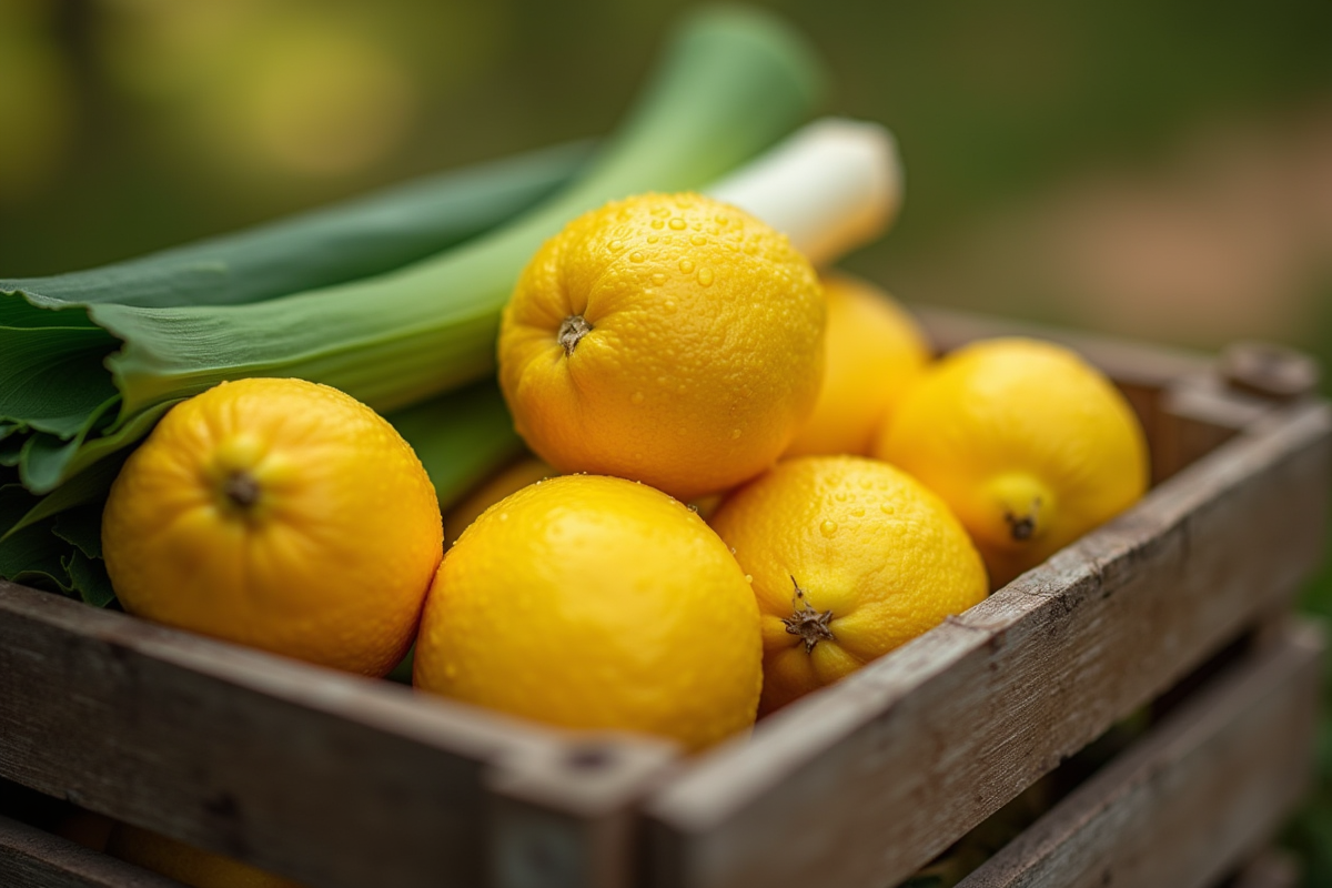 Citron et leek dans une caisse en bois sous lumière douce