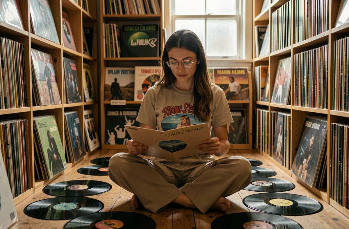 Jeune femme explorant des vinyles de techno, trance et acid house dans l'arrière-boutique d'un magasin de disques indépendant