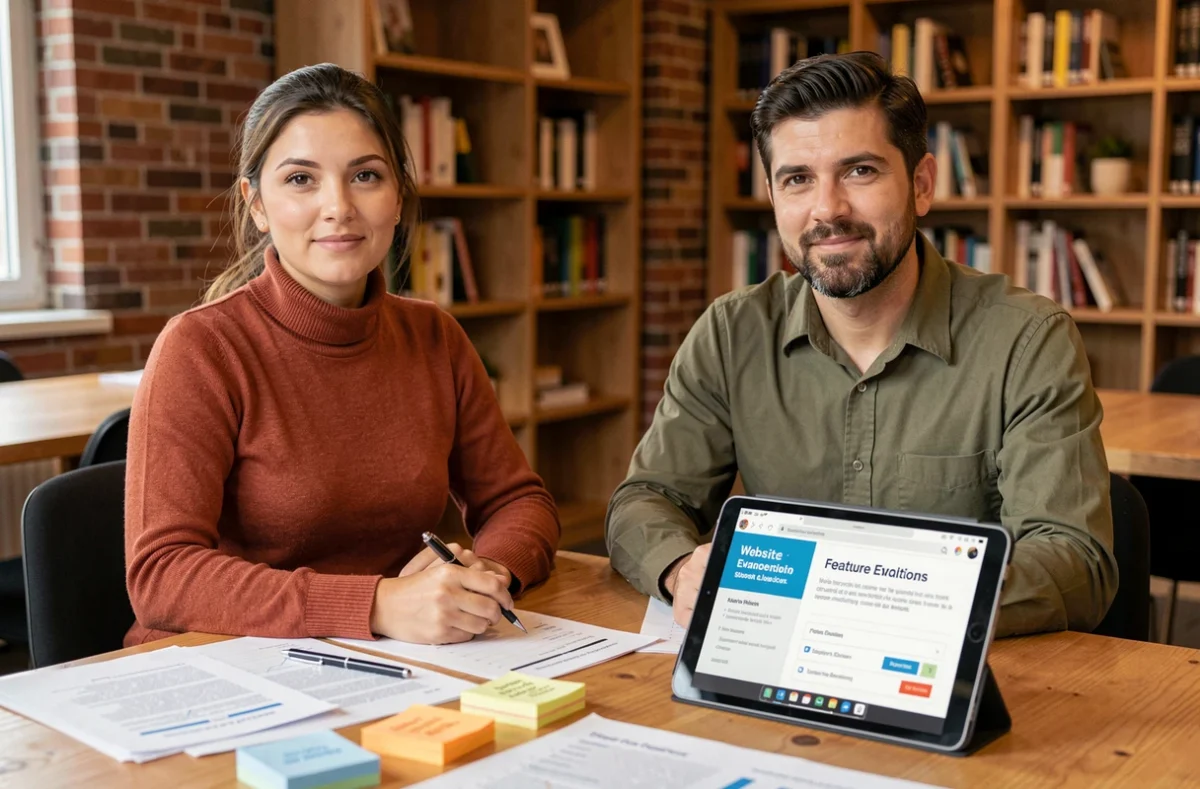 Deux collègues examinant des documents et un rapport numérique sur les nouveautés et limites d'Epsilon Scan dans un espace de coworking