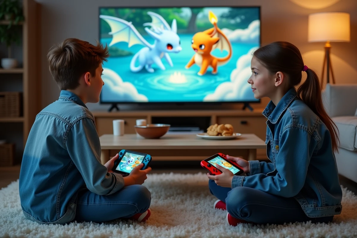 Deux adolescents jouant à un combat Pokémon impliquant un type Dragon dans un salon familial